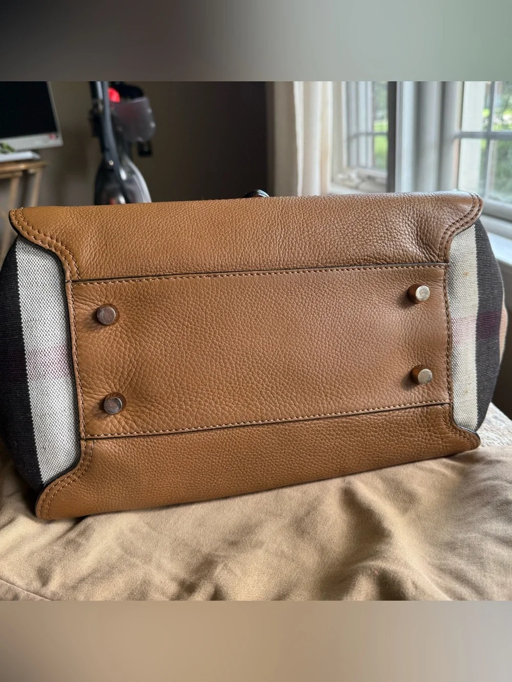Burberry Brown Leather Buckle-Front Top-Handle Briefcase with Canvas Sides
